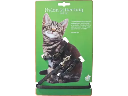 Nylon kittentuig met lijn zwart